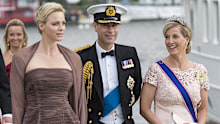 STOCKHOLM, SWEDEN - JUNE 08:  Sophie Rhys-Jones, Countess of Wessex and Princess Charlene of Monaco with Prince Edward, Earl of Wessex leaving for Drottningholm Palace after the wedding of Princess Madeleine of Sweden and Christopher O'Neill hosted by King Carl Gustaf and Queen Silvia at The Royal Palace on June 8, 2013 in Stockholm, Sweden. (Photo by Mark Cuthbert/Julian Parker/UK Press via Getty Images)