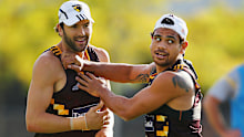 Cyril Rioli of the Hawks pushes away Jordan Lewis during a Hawthorn Hawks AFL training session at Waverley Park on February 23, 2016 in Melbourne, Australia. (Photo by Michael Dodge/Getty Images)
