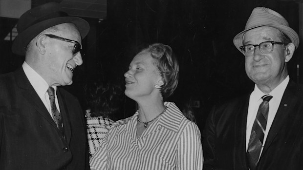 George Halas, left, and Bears trainer Ed Rozy arrive home to OíHare International Airport from Rome, Italy, on May 2, 1968. They are greeted by Halas' daughter, Virginia McCaskey.