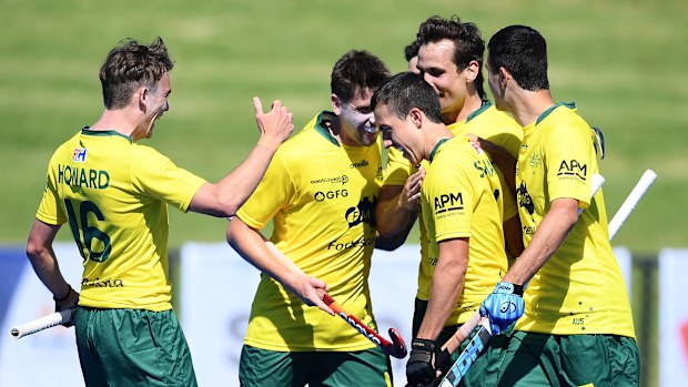 Lachlan Sharp of the Kookaburras celebrates scoring a goal during game 1 of the International Hockey Test Series between Australia and India at MATE Stadium on November 26, 2022 in Adelaide, Australia. (Photo by Mark Brake/Getty Images for Hockey Australia)