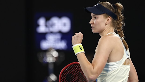 Elena Rybakina of Kazakhstan celebrates winning the first set in the women's singles final against Aryna Sabalenka.