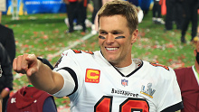 Tom Brady of the Tampa Bay Buccaneers celebrates after defeating the Kansas City Chiefs in Super Bowl LV.