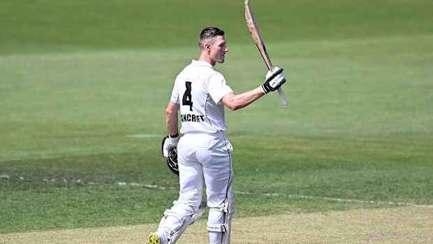 HOBART, AUSTRALIA - FEBRUARY 23: Cameron Bancroft of Western Australia celebrates scoring a century during the Sheffield Shield match between Tasmania and Western Australia at Blundstone Arena, on February 23, 2023, in Hobart, Australia. (Photo by Steve Bell/Getty Images)