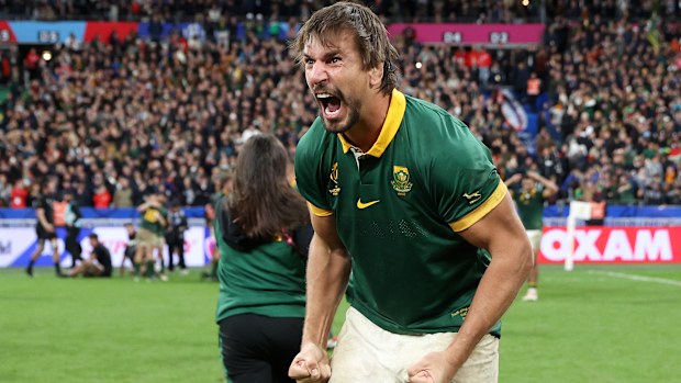Eben Etzebeth of South Africa celebrates victory at Stade de France.
