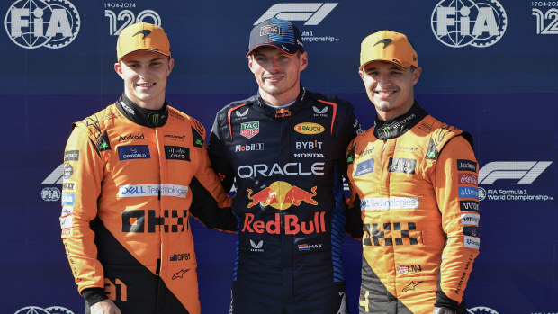 Oscar Piastri of Australia and McLaren F1 Team, Max Verstappen of the Netherlands and Oracle Red Bull Racing and Lando Norris of Great Britain and McLaren F1 Team in parc feme during qualifying ahead of the F1 Grand Prix of Emilia-Romagna at Autodromo Enzo e Dino Ferrari Circuit on May 18, 2024 in Imola, Italy.(Photo by Qian Jun/MB Media/Getty Images)