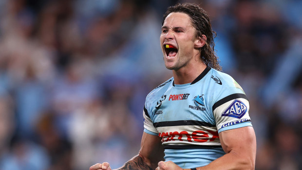 Nicho Hynes celebrates a win in Sharks colours.