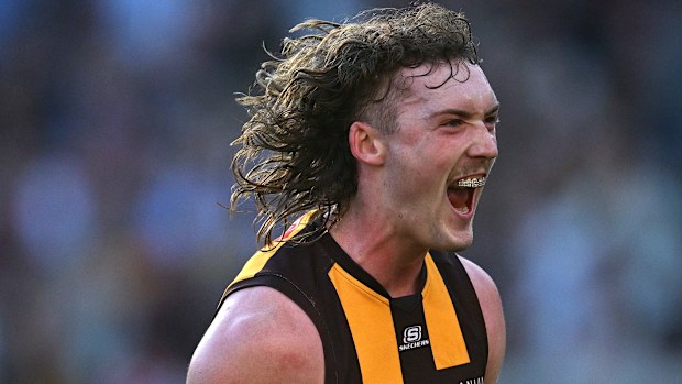 Josh Weddle of the Hawks celebrates kicking a goal 