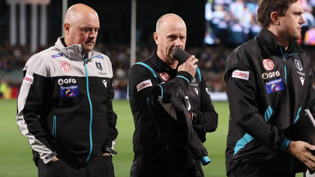 Ken Hinkley is seen with Port Adelaide footy boss Chris Davies.