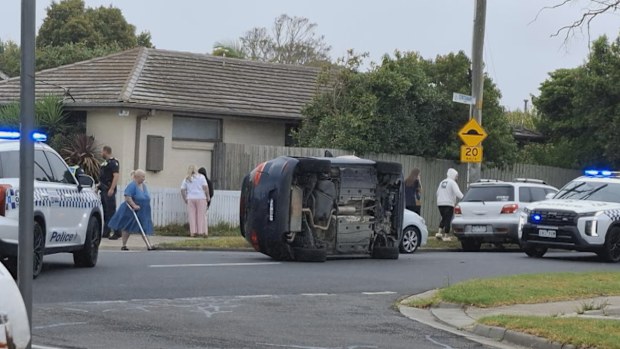 Witnesses to the Seaford crash yesterday afternoon say it was a miracle no one was injured when the blue Volkswagen Golf crashed into two parked cars and flipped on Centenary Street around school pickup time.
