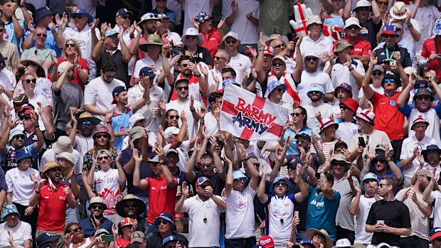 The Barmy Army, the England supporters group, cheer on the team in Perth.
