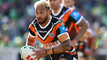 CANBERRA, AUSTRALIA - AUGUST 30: Apisai Koroisau of the Tigers in action during the round 26 NRL match between Canberra Raiders and Wests Tigers at GIO Stadium, on August 30, 2025, in Canberra, Australia. (Photo by Mark Nolan/Getty Images)