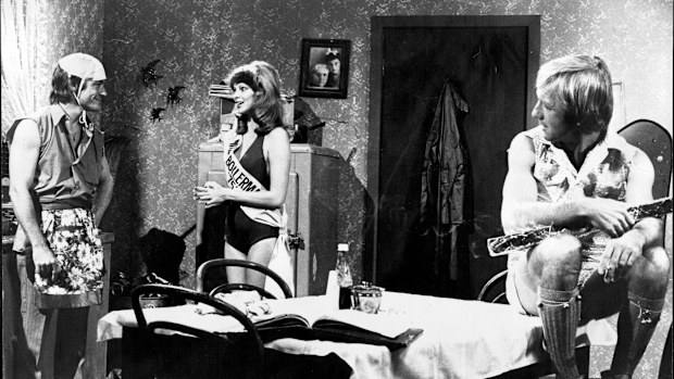 Paul Hogan, Delvene Delaney and John Cornell pictured during the taping of the New Paul Hogan show. 