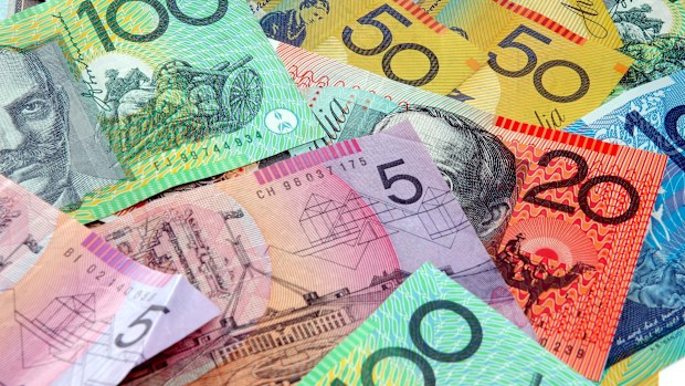 Australian notes scattered on a table. Australian money stock image