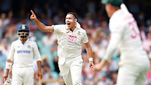 Scott Boland celebrates a wicket against India. 
