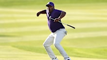 Harold Varner III celebrates after sinking an eagle putt on the 18th to win the Saudi International.