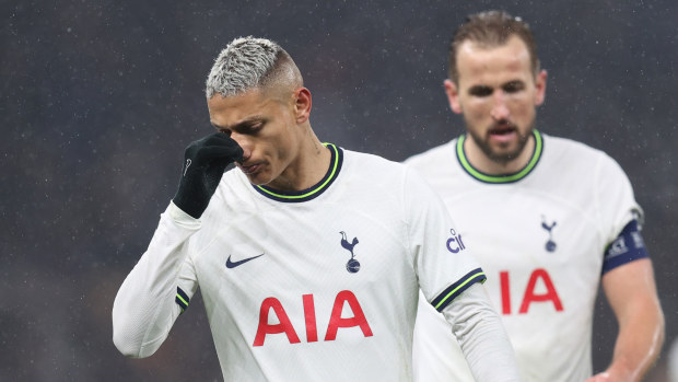 Harry Kane of Tottenham Hotspur and Richarlison of Tottenham Hotspur look dejected during the UEFA Champions League round of 16 leg two match between Tottenham Hotspur and AC Milan at Tottenham Hotspur Stadium on March 8, 2023 in London, United Kingdom. (Photo by Charlotte Wilson/Offside/Offside via Getty Images)