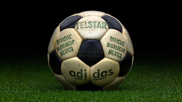 Detailed view of the adidas Telstar Durlast the official match ball of the 1970 FIFA World Cup in Mexico. The official match ball had 32 black and white panels with Durlast waterproof coating and was the first adidas World Cup ball. https://www.worldcupballs.info/world-cup-balls-history. (Photo by Peter Pesti/Getty Images