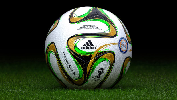 Detailed view of the adidas Brazuca the official match ball of the 2014 FIFA World Cup in Brazil. This actual ball was used during the Final between Germany and Argentina. https://www.worldcupballs.info/world-cup-balls-history. (Photo by Peter Pesti/Getty Images)