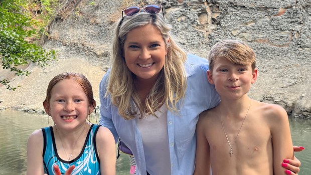 Anna Baker poses with her own children, Frankie (eight) and Luca (11).