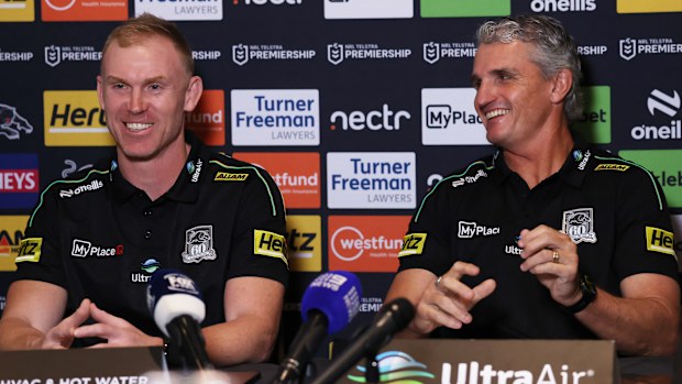 SMH Assistant Peter Wallace with Coach Ivan Cleary speaks to the media to announce he will step away from the Panthers. May 13, 2026. Photo: Louise Kennerley
