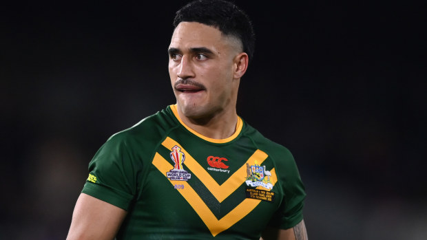 LEEDS, ENGLAND - NOVEMBER 11: Valentine Holmes of Australia during the Rugby League World Cup Semi-Final match between Australia and New Zealand at Elland Road on November 11, 2022 in Leeds, England. (Photo by Gareth Copley/Getty Images)