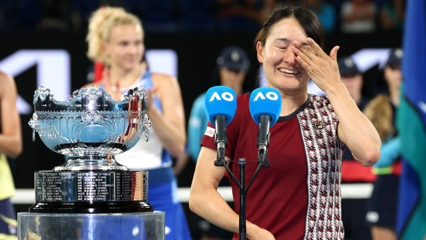 Shuko Aoyama of Japan shows her emotion during the trophy presentation following the Women's Doubles Final with Ena Shibahara of Japan against Barbora Krejcikova of the Czech Republic and Katerina Siniakova of the Czech Republic during day 14 of the 2023 Australian Open at Melbourne Park on January 29, 2023 in Melbourne, Australia. (Photo by Clive Brunskill/Getty Images)