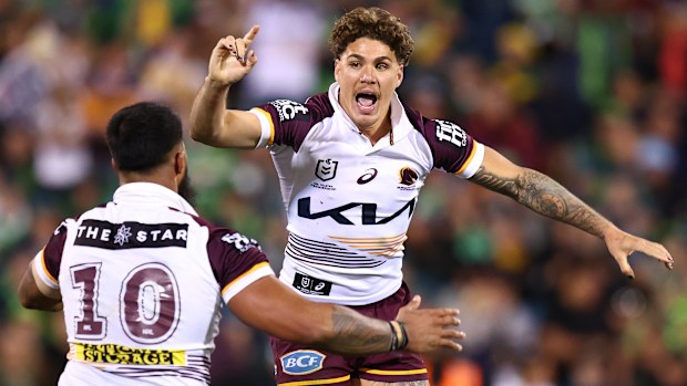 Broncos star Payne Haas celebrates with Reece Walsh during the NRL Qualifying Final match between Canberra Raiders and Brisbane Broncos at GIO Stadium, on September 14, 2025, in Canberra, Australia. (Photo by Mark Nolan/Getty Images)