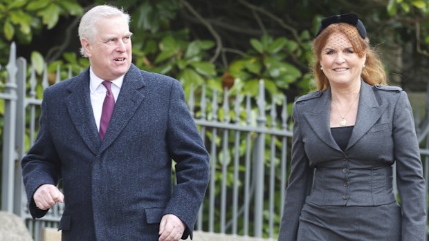 Prince Andrew and Sarah, Duchess of York arrive to attend the Thanksgiving Service for King Constantine of the Hellenes at St George's Chapel in Windsor Castle, England, on Tuesday Feb. 27, 2024. Constantine II, Head of the Royal House of Greece, reigned as the last King of the Hellenes from 6 March 1964 to 1 June 1973, and died in Athens at the age of 82. (Chris Jackson/Pool via AP)