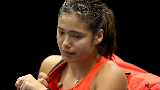 AUCKLAND, NEW ZEALAND - JANUARY 05: Emma Raducanu of Great Britain is in tears as she withdraws injured during her singles match against Viktoria Kuzmova of Slovakia on day four of the 2023 ASB Classic Women's at the ASB Tennis Arena on January 05, 2023 in Auckland, New Zealand. (Photo by Phil Walter/Getty Images)