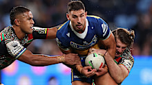 Ryan Matterson is tackled during the round 12 NRL match between South Sydney Rabbitohs and Parramatta Eels at Allianz Stadium on May 19, 2023 in Sydney, Australia. 