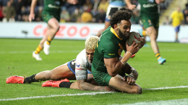 Australia's Josh Addo-Carr scores his side's seventh try of the game during the Rugby League World Cup group B match at Headingley Stadium, Leeds. Picture date: Saturday October 15, 2022. (Photo by Richard Sellers/PA Images via Getty Images)