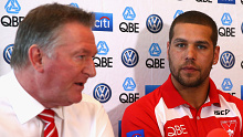 Lance 'Buddy' Franklin speaks to the media during a Sydney Swans AFL press conference at Sydney Cricket Ground on October 9, 2013 in Sydney, Australia. Franklin has signed a nine year deal to play for Sydney beginning next season.