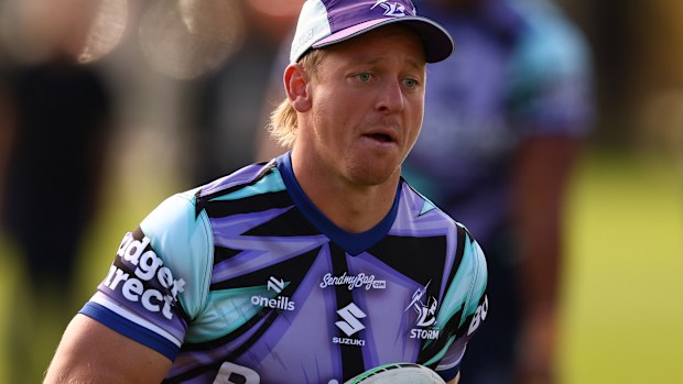 MELBOURNE, AUSTRALIA - APRIL 10: Tyran Wishart of the Storm controls the ball during a Melbourne Storm NRL training session at Gosch's Paddock on April 10, 2026 in Melbourne, Australia. (Photo by Robert Cianflone/Getty Images)