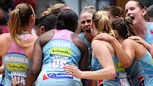 BENDIGO, AUSTRALIA - MARCH 14: Mavericks celebrate the win during the round one Super Netball match between Melbourne Mavericks and Giants Netball at Red Energy Arena, on March 14, 2026, in Bendigo, Australia. (Photo by Kelly Defina/Getty Images)