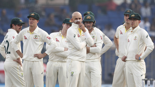 Australian players wait for a DRS review during day one of the Second Test match in the series between India and Australia at Arun Jaitley Stadium on February 17, 2023 in Delhi, India. (Photo by Pankaj Nangia/Getty Images)