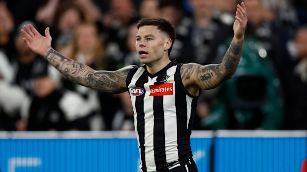 Jamie Elliott, Brisbane Lions'a karşı oynanan ön elemelerde hakeme itiraz ediyor.