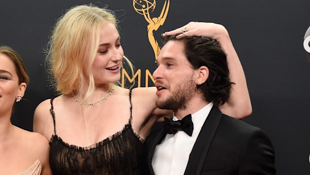 Sophie Turner and Kit Harrington in the press room during the 68th Annual Primetime Emmy Awards at Microsoft Theater on September 18, 2016 in Los Angeles, California.
