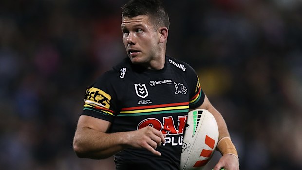 PENRITH, AUSTRALIA - JUNE 24: Jack Cogger of the Panthers looks on during the round 17 NRL match between Penrith Panthers and Newcastle Knights at BlueBet Stadium on June 24, 2023 in Penrith, Australia. (Photo by Jason McCawley/Getty Images)