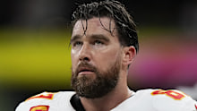 Kansas City Chiefs tight end Travis Kelce (87) stands on the sidelines during the first half of the NFL Super Bowl 59 football game against the Philadelphia Eagles, Sunday, Feb. 9, 2025, in New Orleans. 