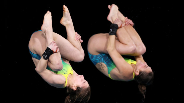  Charli Petrov and Melissa Paige Li Kun Wu of Team Australia compete in the Women's Synchronised 10m Platform Final on day nine of the Birmingham 2022 Commonwealth Games at Sandwell Aquatics Centre on August 06, 2022 on the Smethwick, England. (Photo by Ryan Pierse/Getty Images)