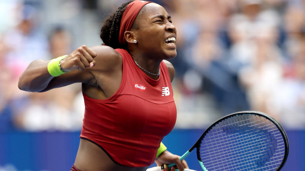 Coco Gauff of the United States celebrates match point to defeat Caroline Wozniacki of Denmark during their Women's Singles Fourth Round match on Day Seven of the 2023 US Open at the USTA Billie Jean King National Tennis Center on September 03, 2023 in the Flushing neighborhood of the Queens borough of New York City. (Photo by Matthew Stockman/Getty Images)