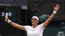 Tunisia's Ons Jabeur celebrates winning her semi-final match against Belarusian Aryna Sabalenka.