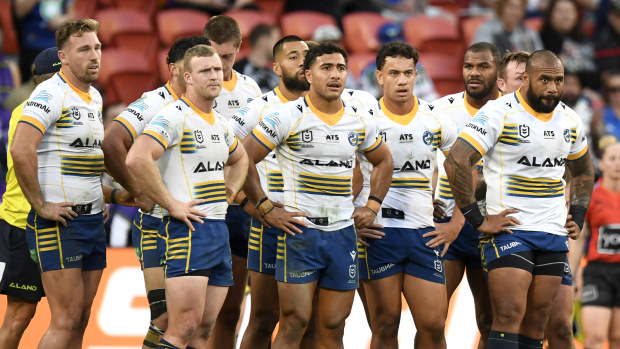 The Parramatta Eels looking dejected during Magic Round against the Storm in round 11.