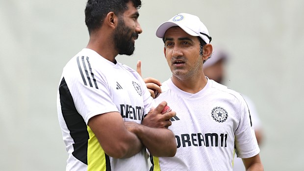 Jasprit Bumrah and Gautam Gambhir in discussion.