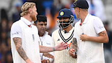 England captain Ben Stokes speaks with India batsman Ravindra Jadeja.