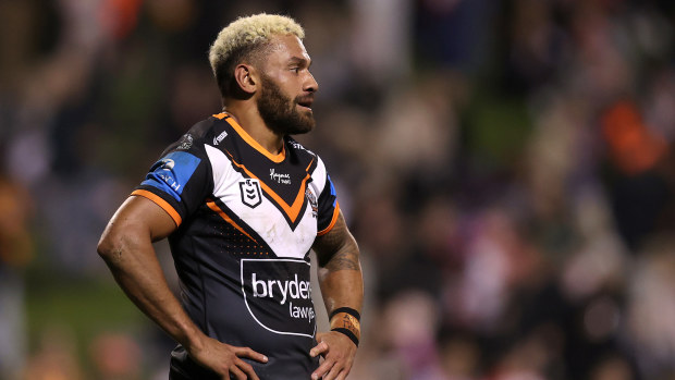 Apisai Koroisau of the Wests Tigers looks on during the round 14 NRL match between St George Illawarra Dragons and Wests Tigers at WIN Stadium on June 07, 2024, in Wollongong, Australia. (Photo by Jason McCawley/Getty Images)