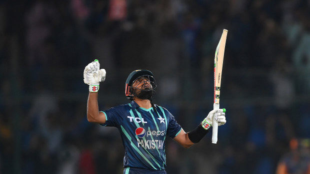 Babar Azam of Pakistan celebrates victory after the 2nd IT20 match between Pakistan and England on September 22, 2022 in Karachi, Pakistan. (Photo by Alex Davidson/Getty Images)