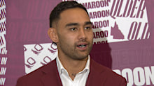 Briton Nikora speaks to media during Maroons camp.