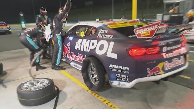 Broc Feeney pits to have a tyre replaced in the opening Supercars race of the year.