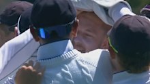 Gus Atkinson celebrates taking a hat-trick for England in the second Test against New Zealand.